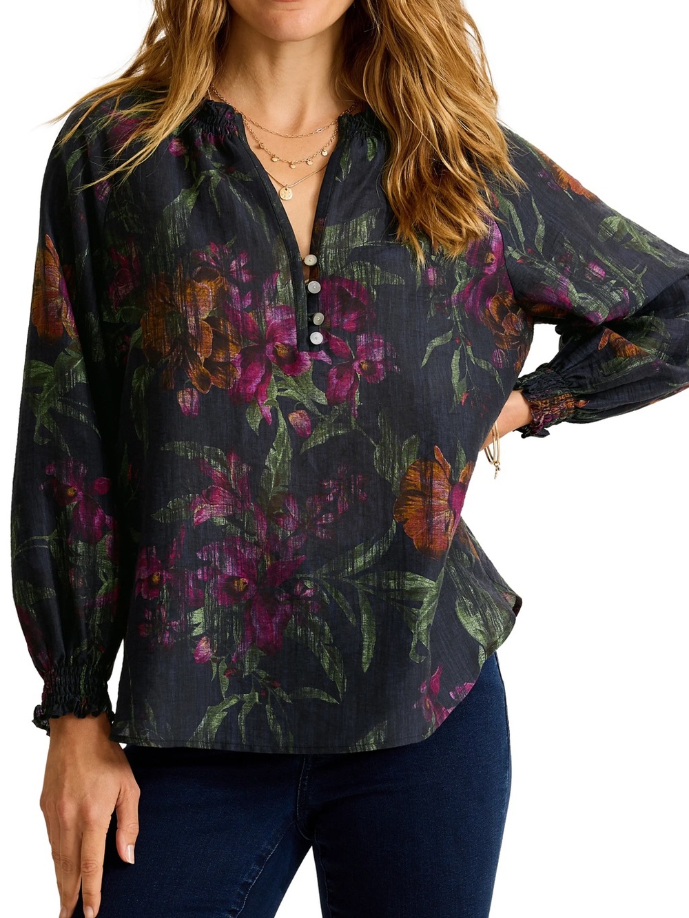 Tommy Bahama Black Floral Henley Blouse with Purple & Green Accents